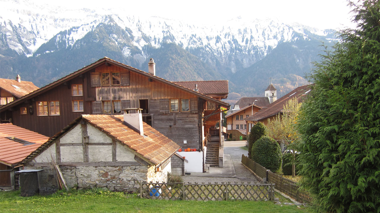 Rückseite des Hauses mit Rasen